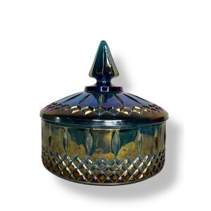 Vintage Indiana Glass Princess Iridescent Blue Carnival Glass Candy Dish W/ Lid